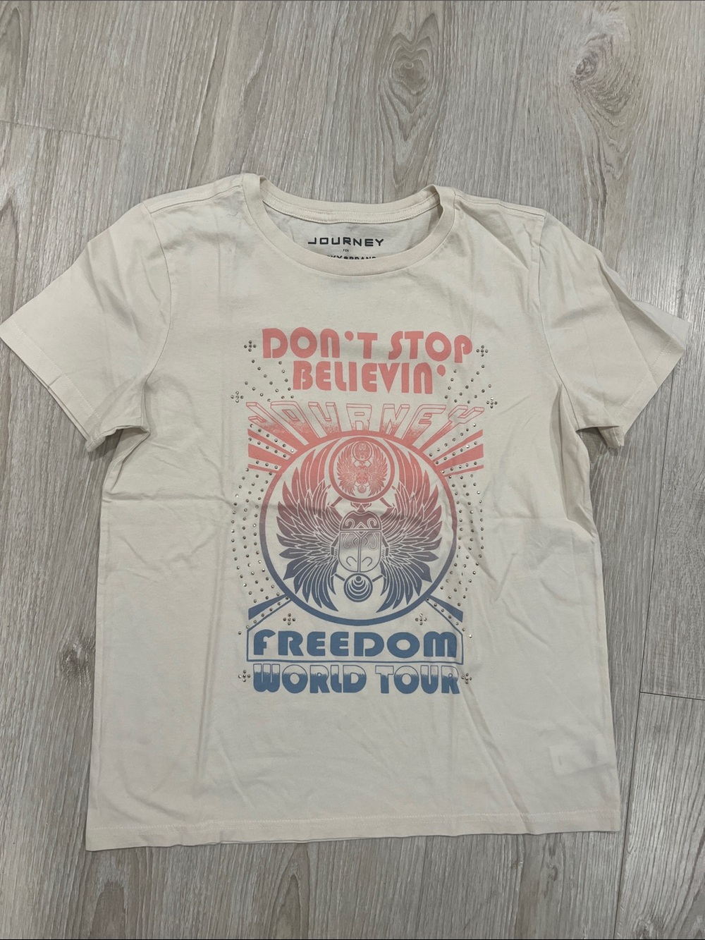 Lucky Brand Cream Graphic Journey Tee with Pink Print and Rhinestones